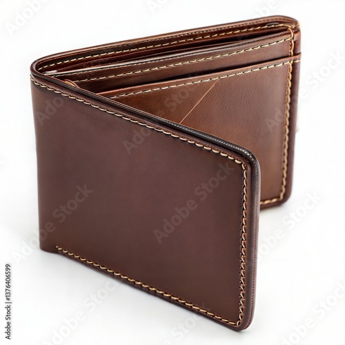 Elegant Brown Leather Wallet with Stitching Details Isolated on White Background