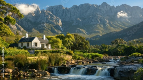 Fototapeta Naklejka Na Ścianę i Meble -  A tranquil farmhouse surrounded by mountain peaks and a rushing waterfall nearby.