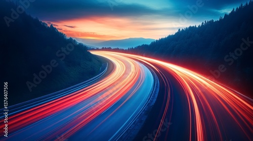Highway at Night with Streaking Lights Through Mountain Landscape