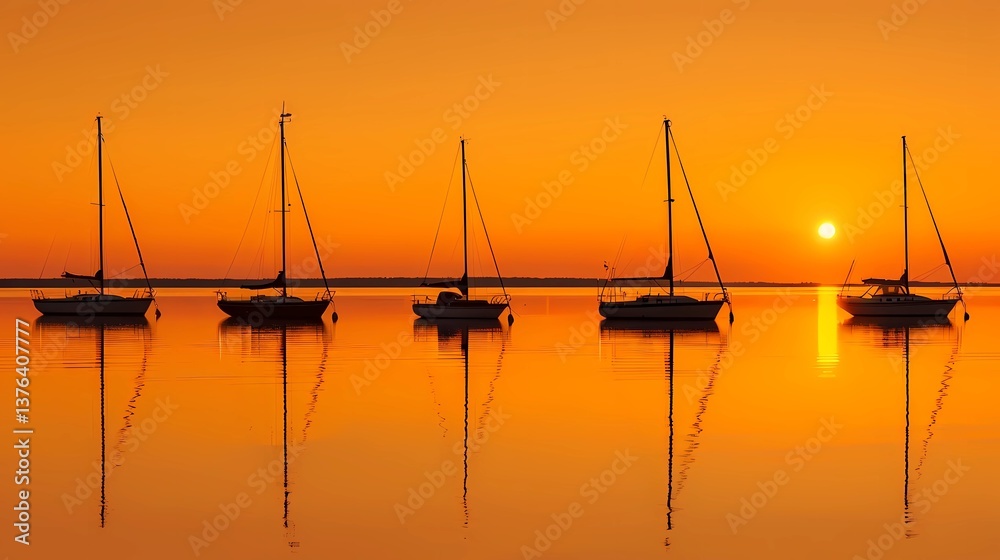 Sailboats anchored peacefully during sunset reflect vibrant orange hues on calm water Generative AI Sailboats anchored peacefully during sunset reflect vibrant orange hues on calm water Generative AI