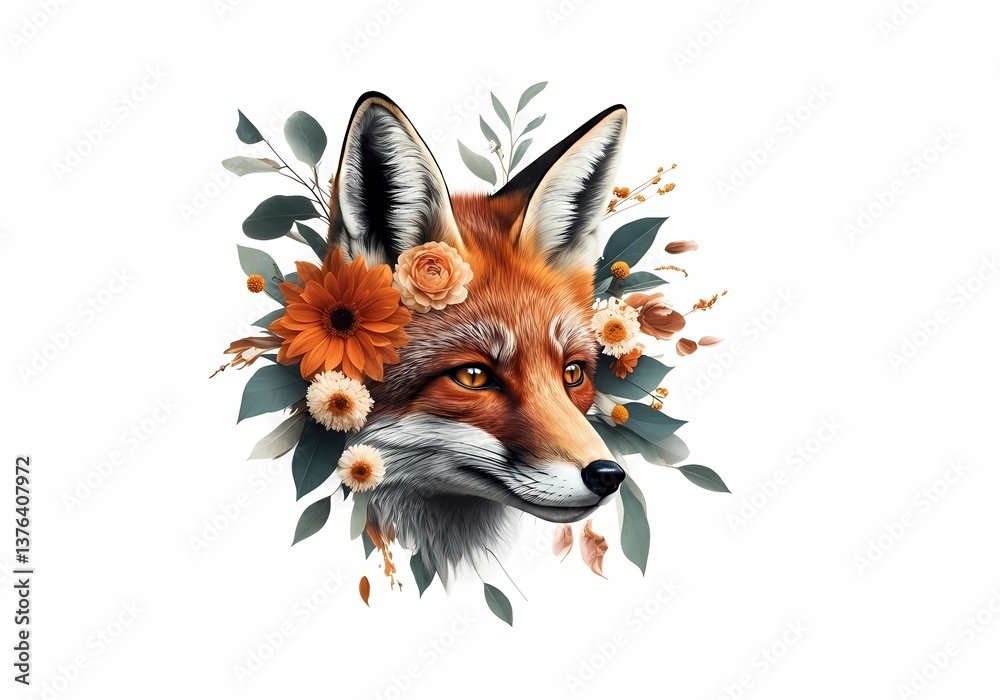 Obraz premium Fox adorned with flowers and leaves creates a unique natural artwork reflecting harmony between wildlife and nature Generative AI