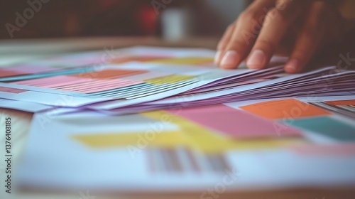 Hand sorts color-coded charts on desk, bokeh office. Data analysis or presentation prep