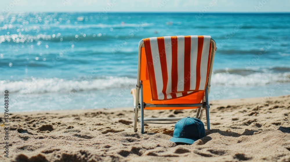 Beach Chair with Striped Towel and Cap on Sandy Shoreline Beach Chair with Striped Towel and Cap on Sandy Shoreline