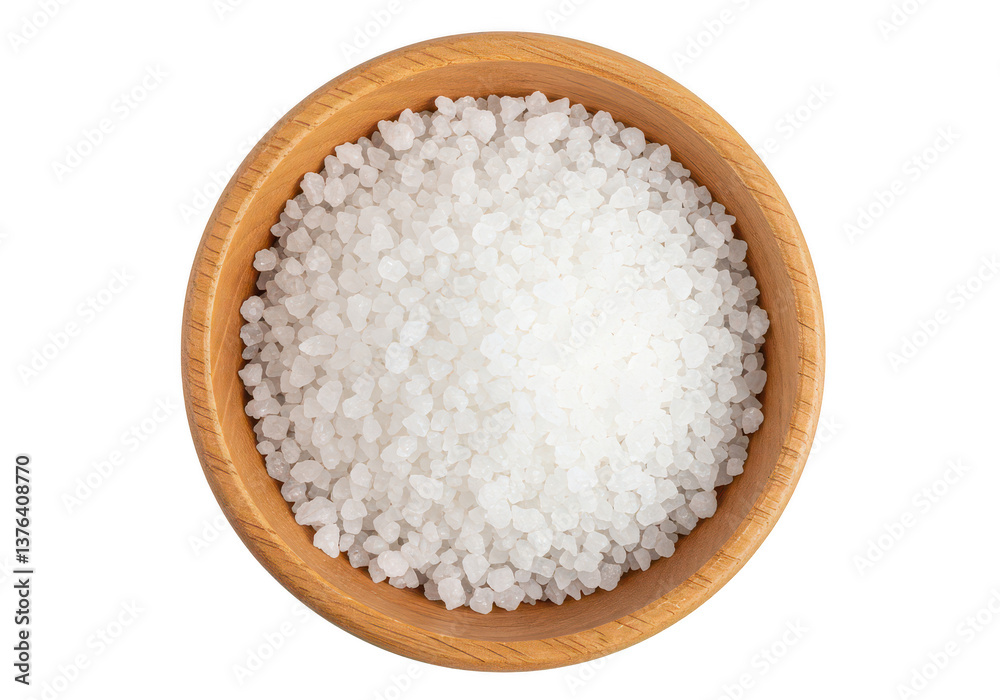 Close-up top view of a wooden bowl filled with white crystalline substance on a png transparent background Close-up top view of a wooden bowl filled with white crystalline substance on a png transparent background