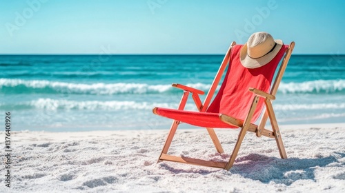 Red Beach Chair on White Sand Facing Blue Ocean and Sky