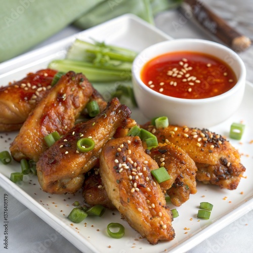 Fried Chicken Wings with Sesame Seeds and Chili Sauce Served on a White Plate