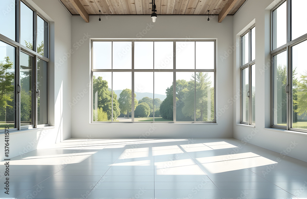 Fototapeta premium A Vacant Space With Large Windows Allows A Vast Amount Of Natural Light To Illuminate The Area Freely Out