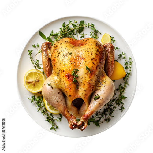 Roasted Whole Chicken with Lemon and Thyme Isolated on Transparent Background