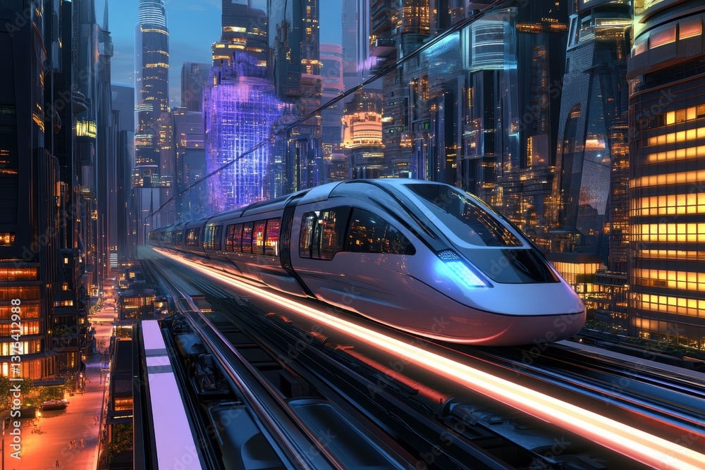 Fototapeta premium Futuristic train traveling through a neon-lit cityscape at dusk