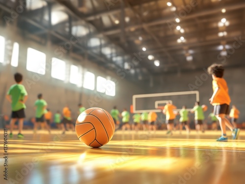 A pastel-colored volleyball on a polished gym floor, with mixed children in green and orange jerseys casually practicing drills in a softly lit indoor sports hall. 