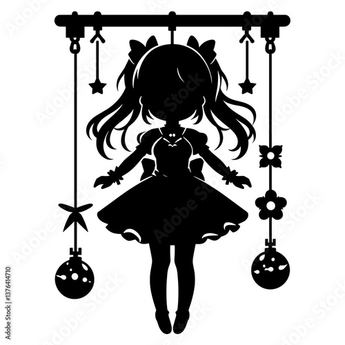 Anime doll girl hanging with ornaments silhouette