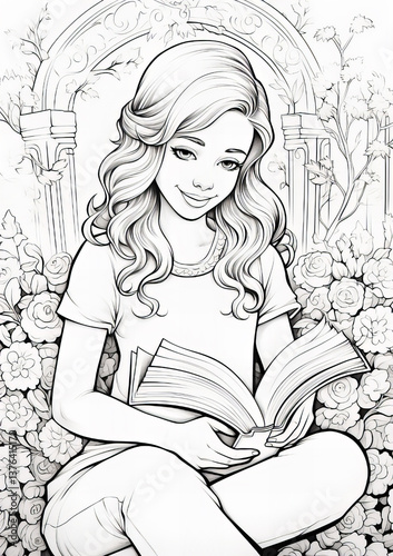 Coloring Page of a Smiling Teenage Girl Reading Outdoors.