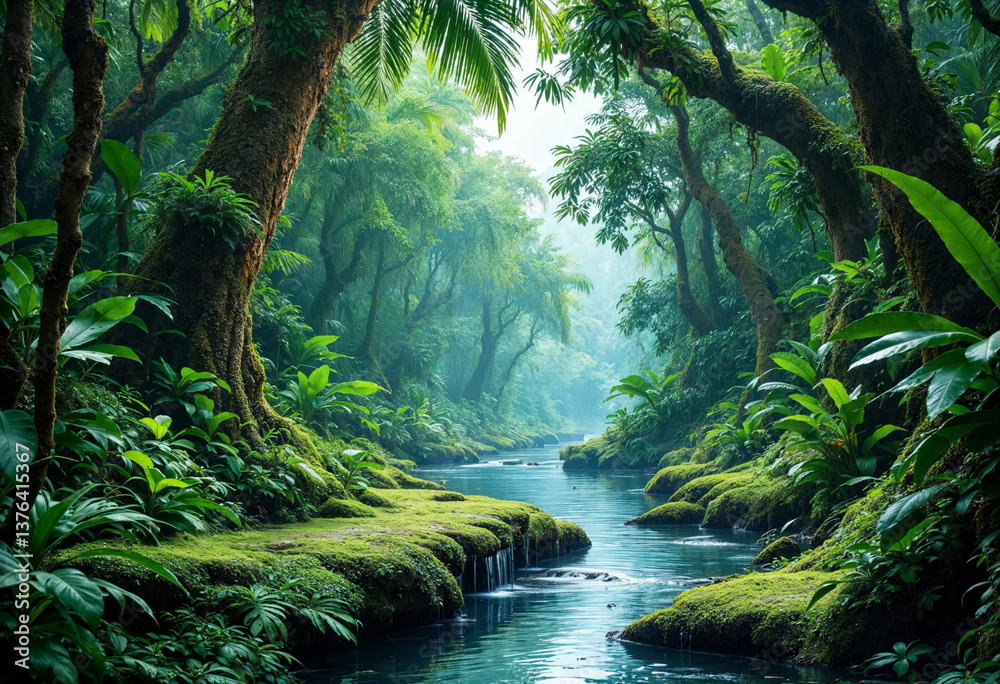 A serene river winding through a lush tropical jungle