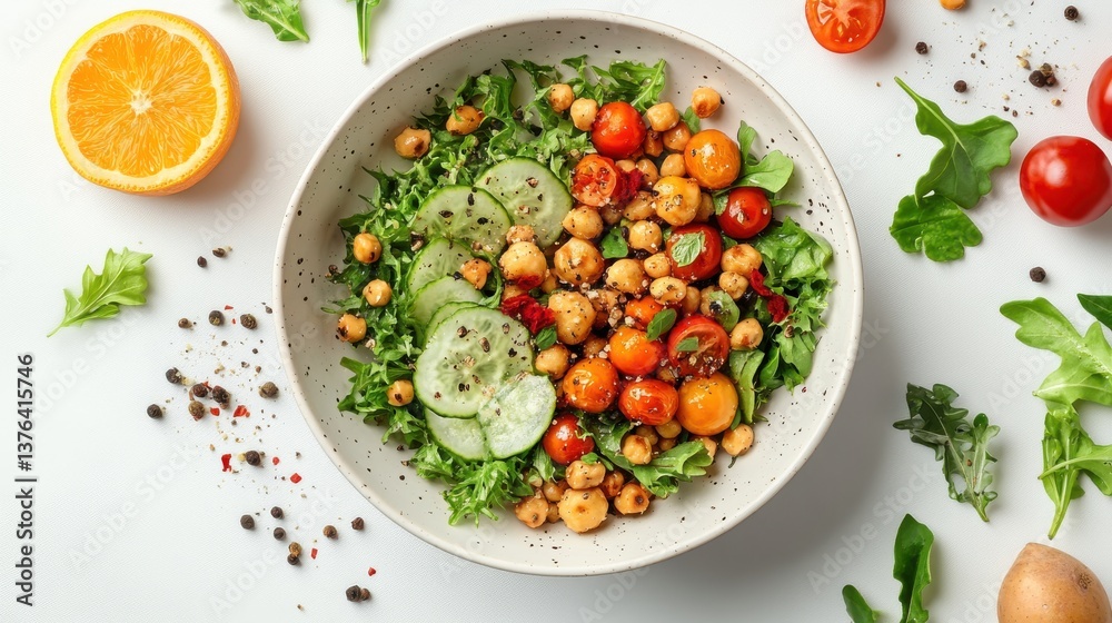 Overhead shot of a fresh and vibrant salad featuring tomatoes and chickpeas for a healthy dining experience