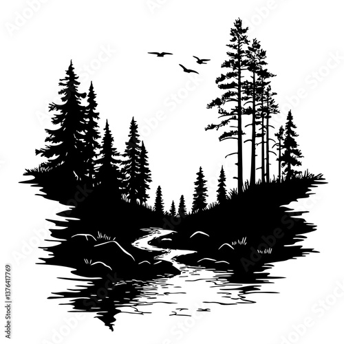 Forest River Silhouette. Forest landscape featuring a gently flowing river surrounded by towering pine trees
