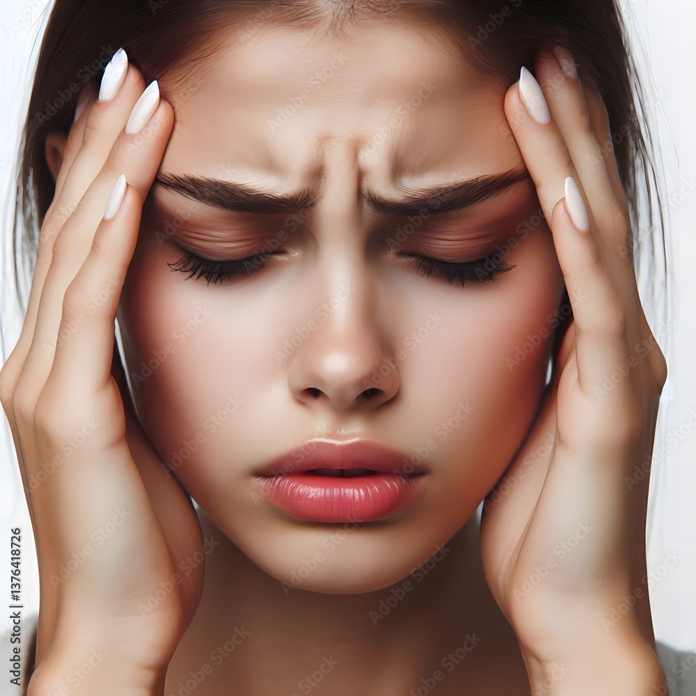 Obraz premium Young Woman Clutches Temples in Pain A Close-Up of Headache Suffering on white background 3