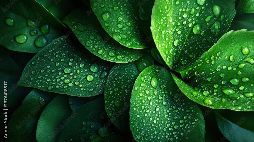 Obraz premium Water droplets on green leaves nature close-up freshness macro soothing environment