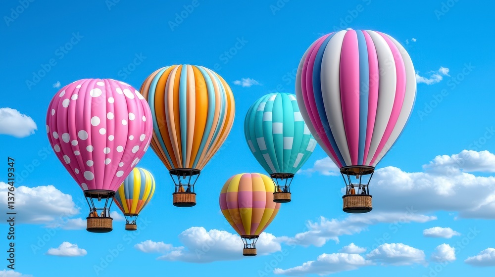 Obraz premium Pastel Hot Air Balloons Soaring in a Bright Blue Sky