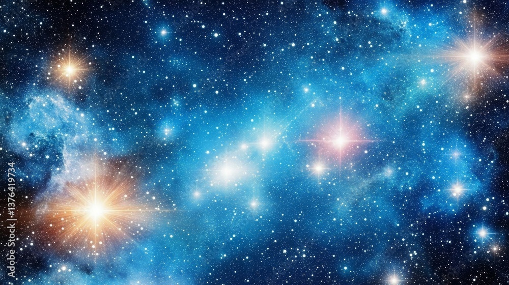 Obraz premium Ethereal Cosmos Deep Blue Nebulae and Radiant Stars in Vast Space. Mystical Layers of Cosmic Dust, Nebula Swirls. Mesmerizing Astral Scene for Wallpaper, Design, Presentation