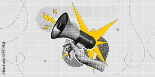 Trendy Halftone Collage Social media news. Hand holding Megaphone with announce information. Propaganda and fake news. Sale and marketing promotions. Contemporary vector illustration art