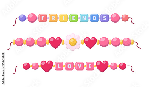 Friendship bracelets and necklace with beads and charms with letters. Retro handmade jewelry for friends and love. Cute kids bracelets with heart and flower plastic beads, vector illustration