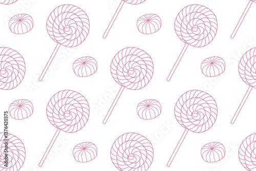 Seamless pattern with outline candies and lollipop. Abstract background with sweets. Linear pink twisted candies on sticks and sugar suckers, vector illustration