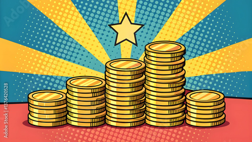 A pop art retro stock illustration with stacks of gold coins in a comic book style imitation