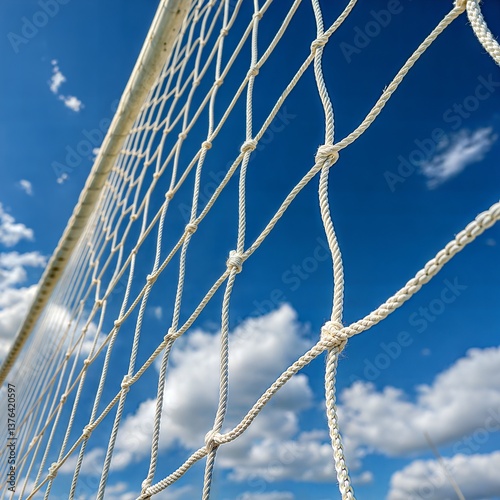 Low Angle Rope Net with Knots against Blue Sky with Clouds Backdrop