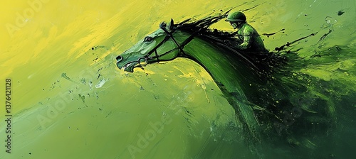 Jockey on a horse racing, close-up, high-speed motion blur effect, green and yellow colors