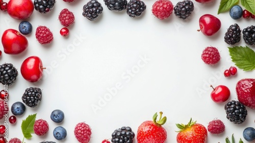 Assorted Fresh Berries and Fruits Frame White Background with Copy Space