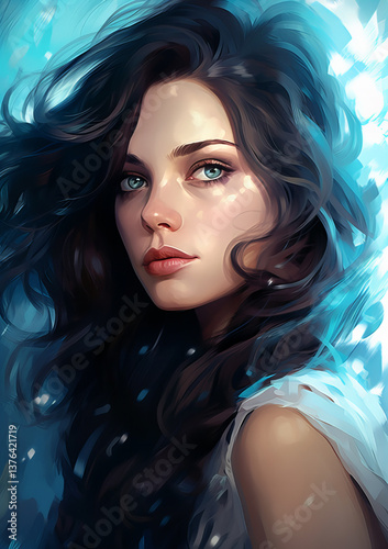 Stylized portrait of woman with flowing hair and white dress.