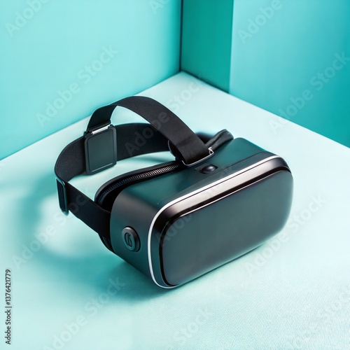 Modern Black VR Headset with Straps in a Minimalist Cyan Geometric Studio