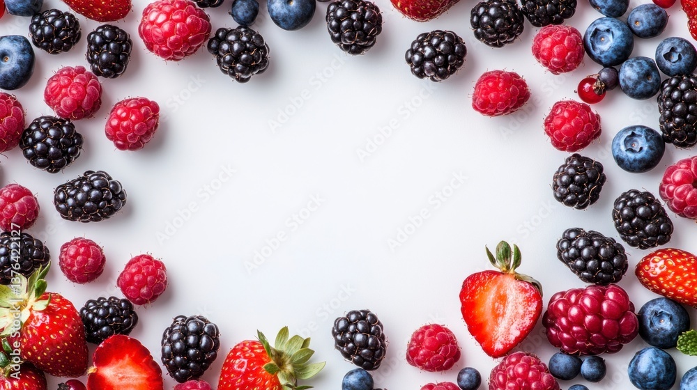 Arrangement of Fresh Berries Creating a Frame on White Background Arrangement of Fresh Berries Creating a Frame on White Background