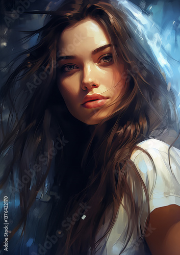 Stylized portrait of woman with flowing hair and white dress.