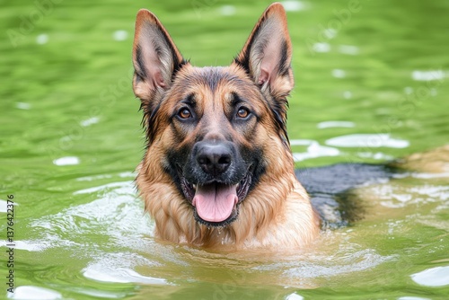 A long-haired German Shepherd shaking off water after swimming in a lake