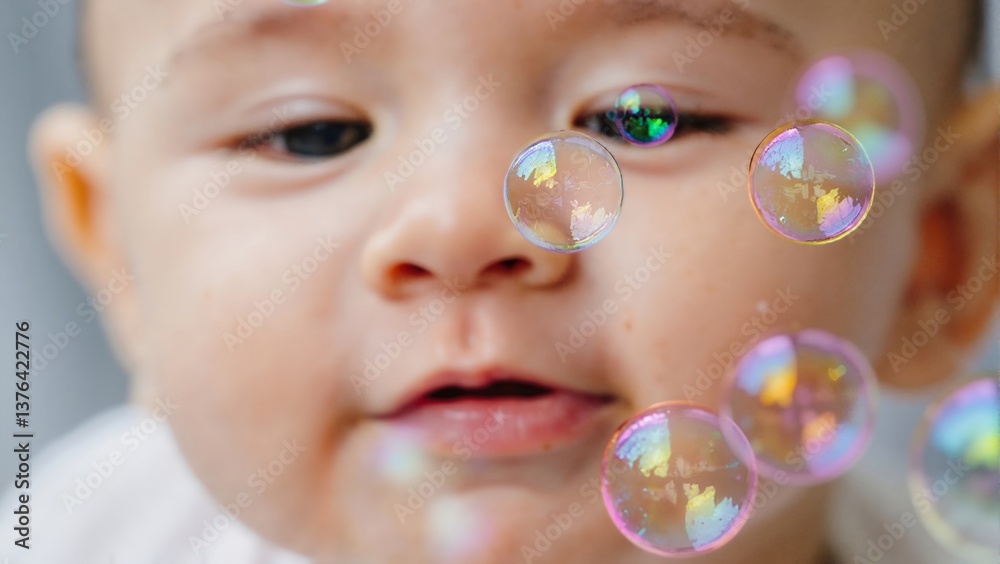 Joyful baby captivated by floating bubbles, playful innocence Joyful baby captivated by floating bubbles, playful innocence