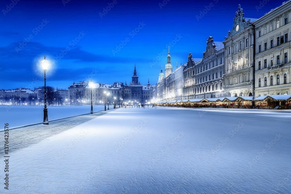 Obraz premium A magical winter scene in KrakÃ³w Old Town, with snow-covered streets and Christmas lights glowing in the market square