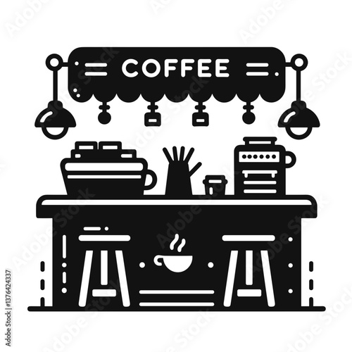 Coffee shop bar counter with machine and stools on a light background
