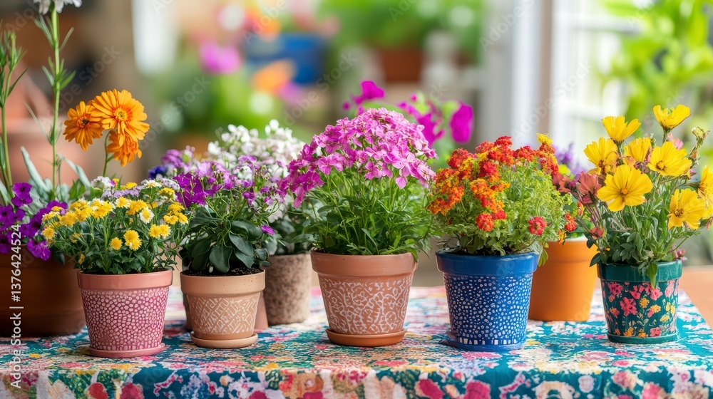 Fototapeta premium Colorful Potted Flowers: A vibrant collection of potted flowers in various colors and textures, adding a splash of beauty to any home or garden.