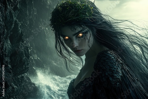 Mysterious enchantress with glowing eyes poses by stormy sea cliff in dark fantasy scene