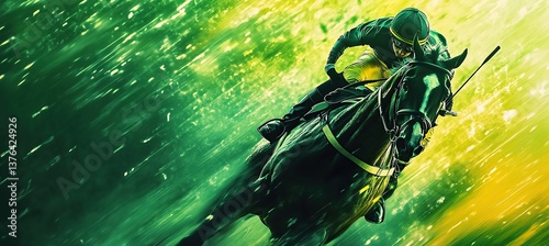 Jockey on a horse racing, close-up, high-speed motion blur effect, green and yellow colors