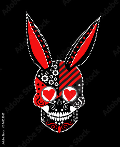 Sugar Skull with Bunny Ears. The image features a stylized sugar skull with red bunny ears. The skull is adorned with intricate black and white patterns, including hearts for eyes, polka dots