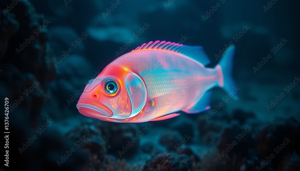 Fototapeta premium A Vibrant Pink and Blue Fish Swims Through a Dark Underwater World, Its Scales Shimmering in the Mysterious Depth