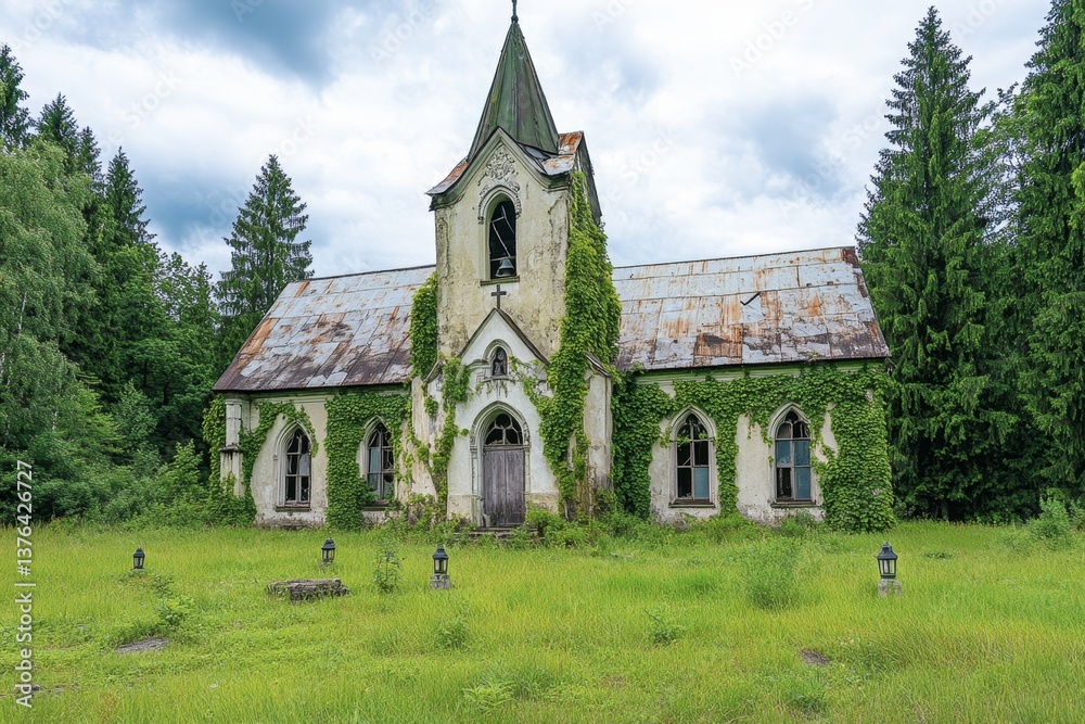A mysterious abandoned church in Częstochowa, covered in ivy with flickering lanterns lighting the path A mysterious abandoned church in Częstochowa, covered in ivy with flickering lanterns lighting the path