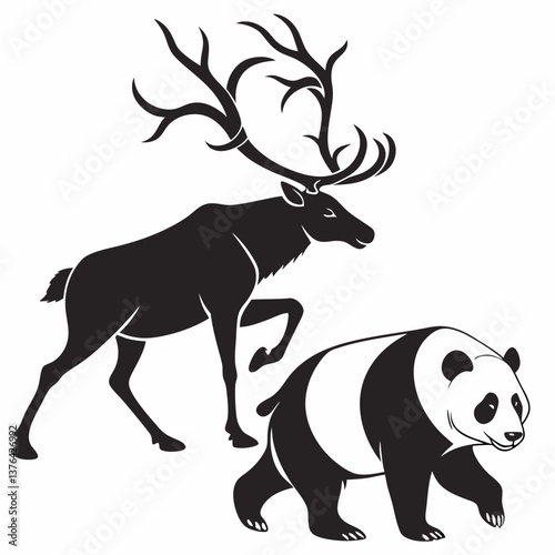 reindeer panda black silhouette icon vector
