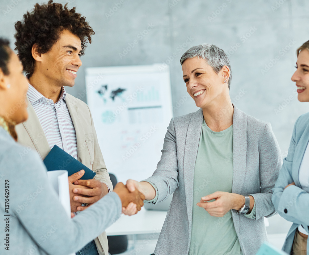 Obraz premium young business businesswoman handshake hand shake shaking meeting agreement office teamwork partner businessman hand startup creative black