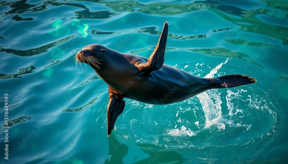 Obraz premium A sleek, dark-furred seal gracefully leaps from the vibrant turquoise water, its body glistening as it ascends, creating a mesmerizing splash of white froth.