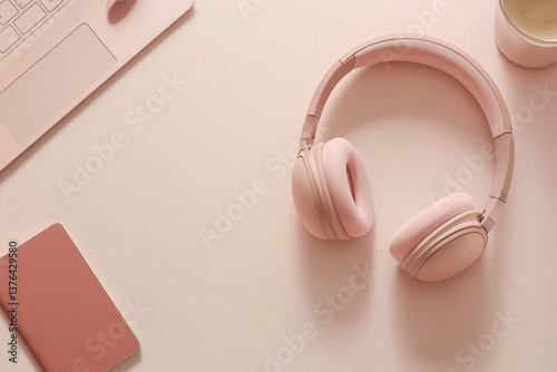 Soft Pink Headphones on Beige Desk background