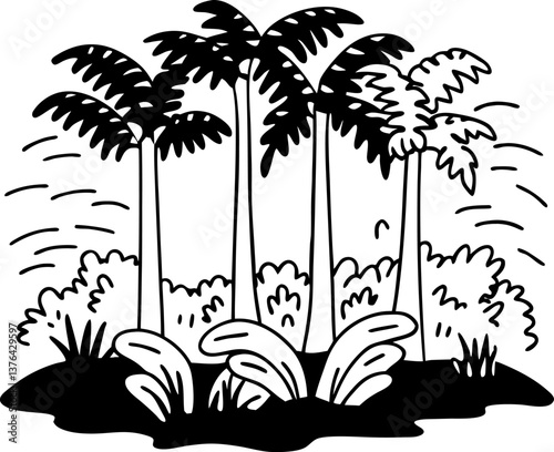 Tropical palm trees illustration in black and white with lush foliage.