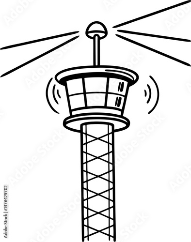 Airport control tower illustration, black and white line art with antenna and communication signals.